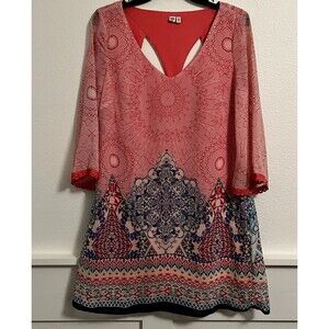 Women’s AS U WISH AUW Geometric Boho Dress Lined Cutout Back Long Bell Sleeves S